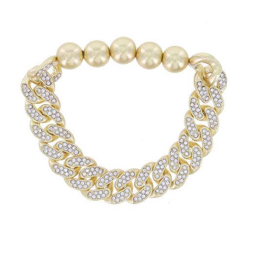 Crystal Embellished Gold Tight Curb Chain and Gold Bead Stretch Bracelet