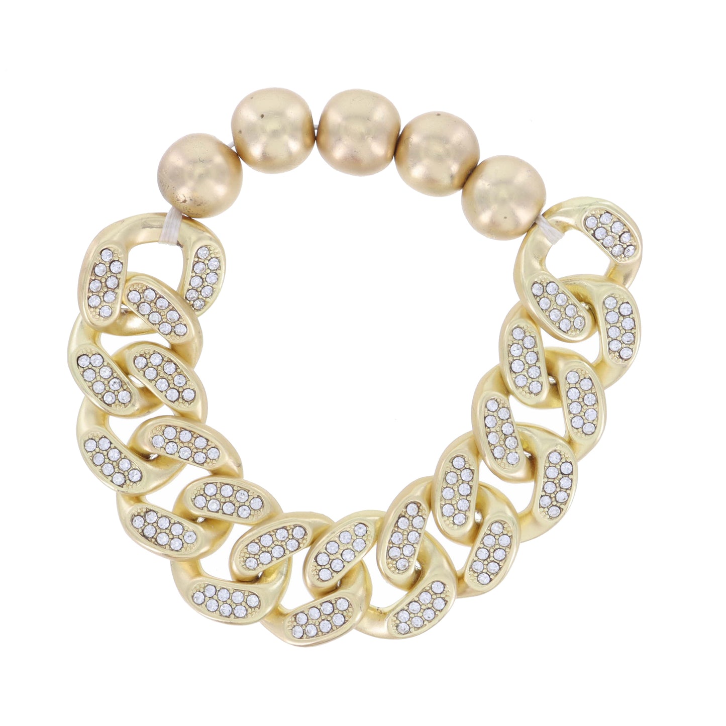 Crystal Embellished Chunky Gold Curb Chain and Gold Bead Stretch Bracelet
