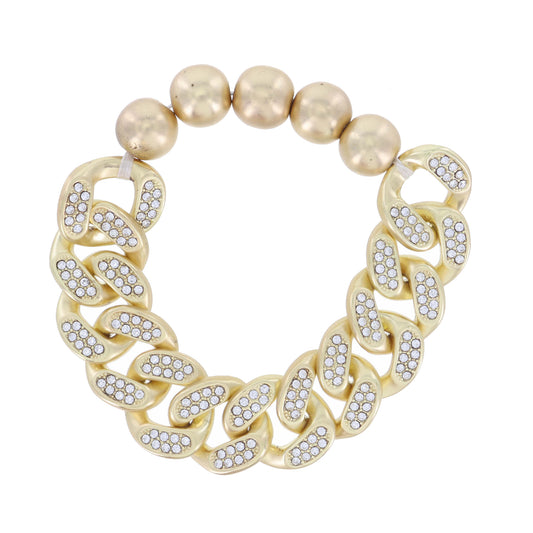 Crystal Embellished Chunky Gold Curb Chain and Gold Bead Stretch Bracelet