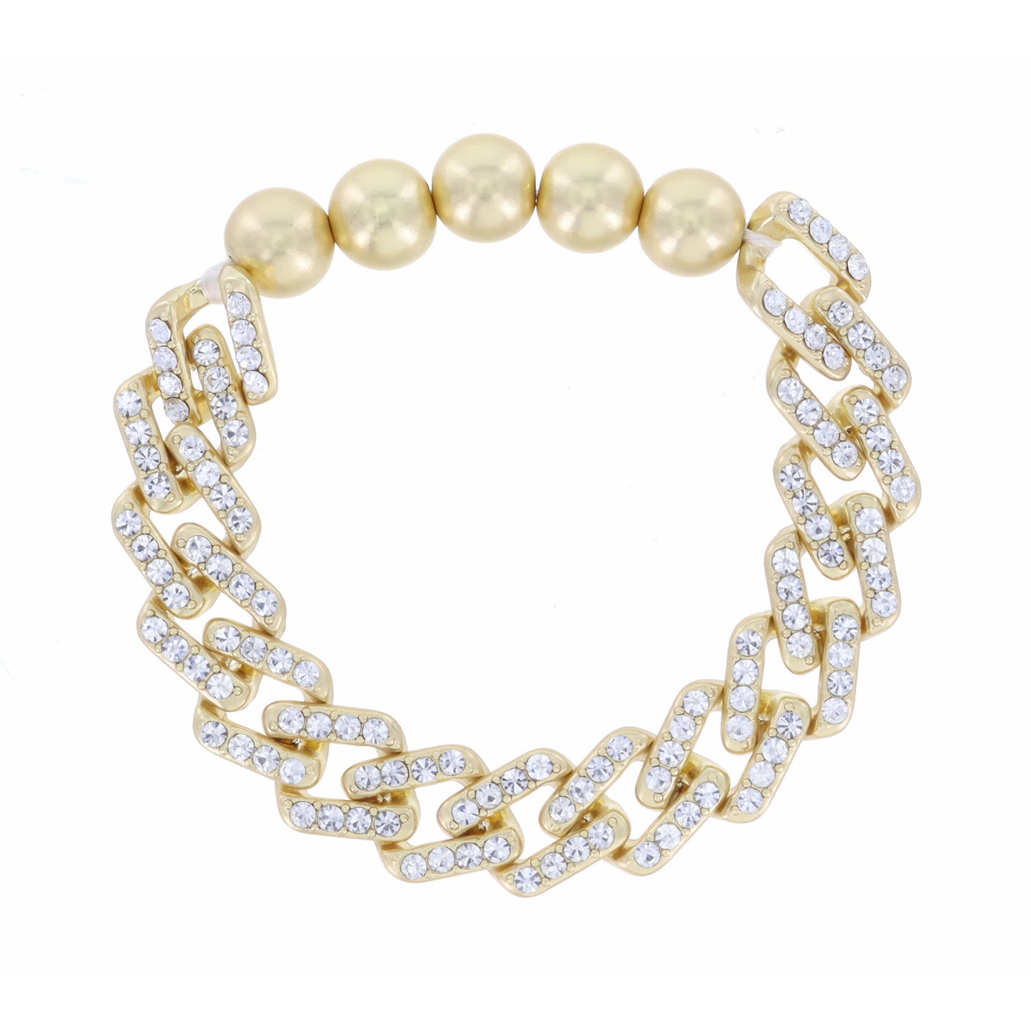 Crystal Embellished Gold Rectangle Curb Chain and Gold Bead Stretch Bracelet