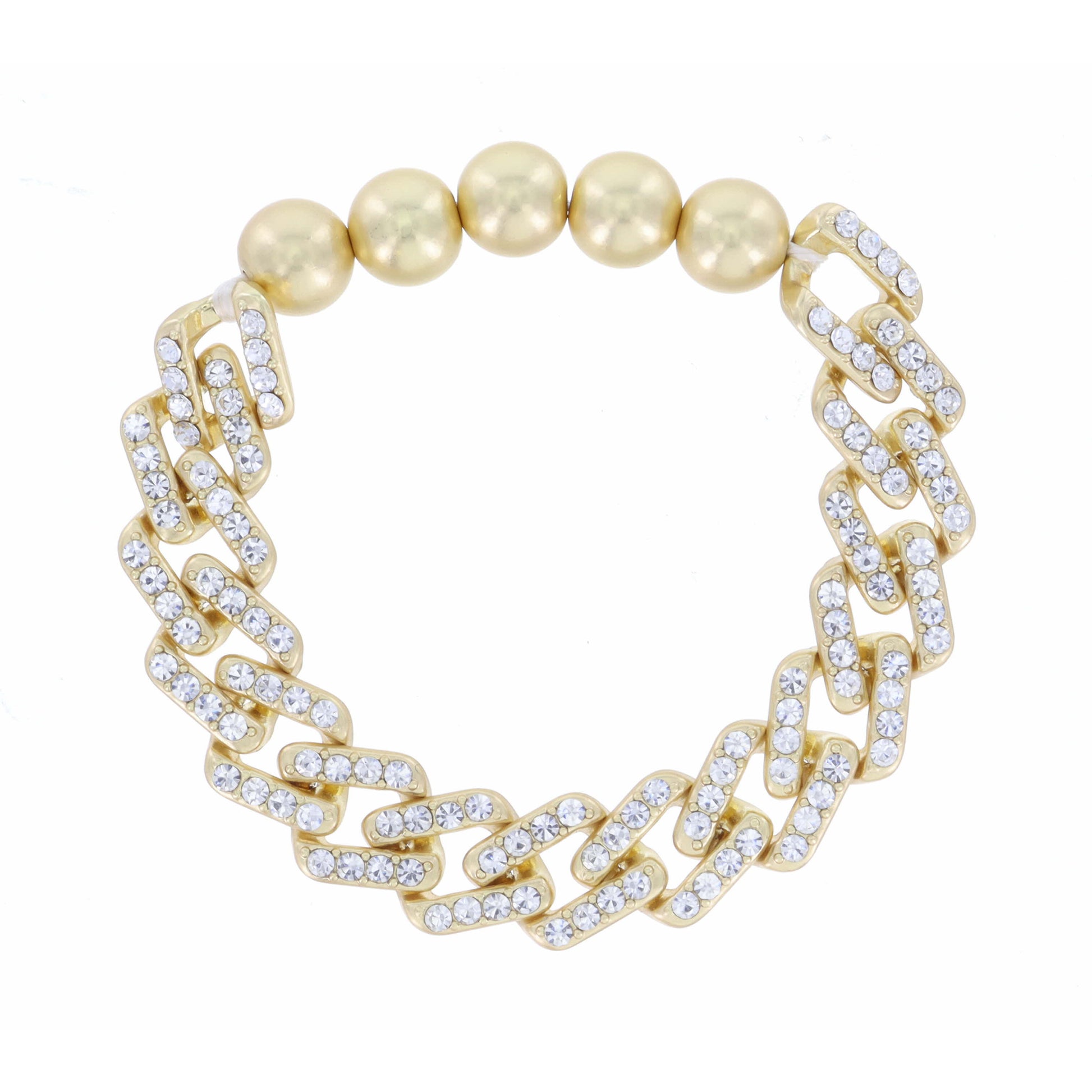 Crystal Embellished Gold Rectangle Curb Chain and Gold Bead Stretch Bracelet