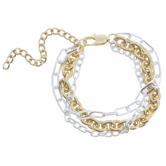 3 Strand, Gold Oval Link Chain, Rolo Chain, Paperclip with Pearl Toggle Bracelet