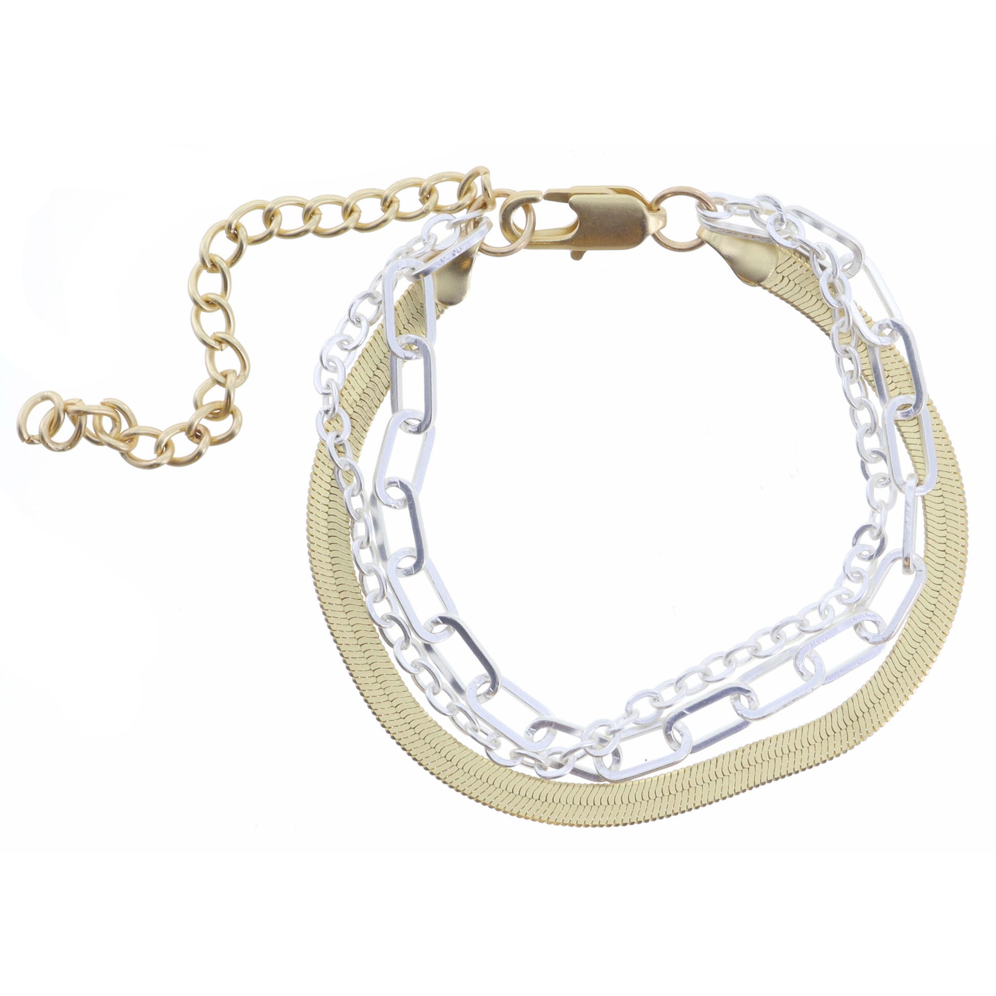 3 Strand, Gold Flat Snake Chain, Silver Cable Chain, Silver Paperclip Chain Bracelet