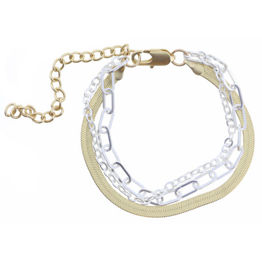 3 Strand, Gold Flat Snake Chain, Silver Cable Chain, Silver Paperclip Chain Bracelet