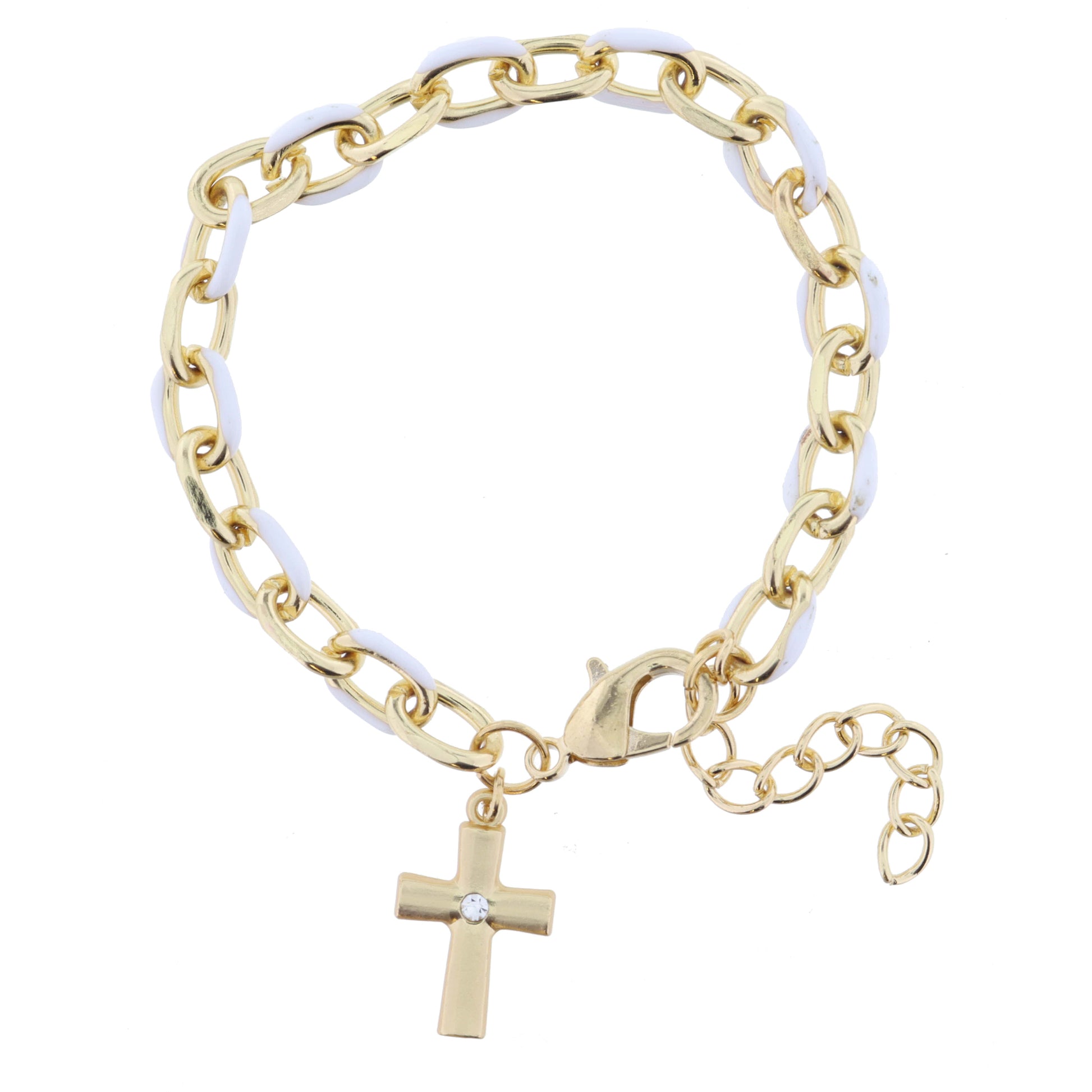 White Enamel Chain and Gold Cross with Mini Clear Crystal Bracelet