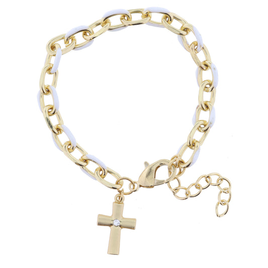 White Enamel Chain and Gold Cross with Mini Clear Crystal Bracelet
