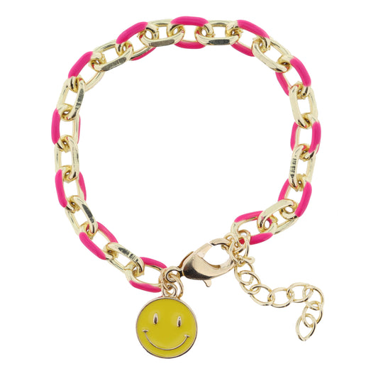 Hot Pink Enamel Chain and Yellow Enamel Happy Face Disc Bracelet
