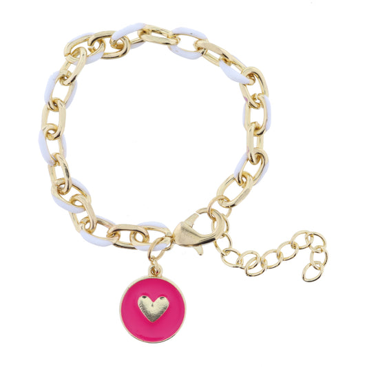 White Enamel Chain and Hot Pink Enamel Disc with Gold Heart Bracelet