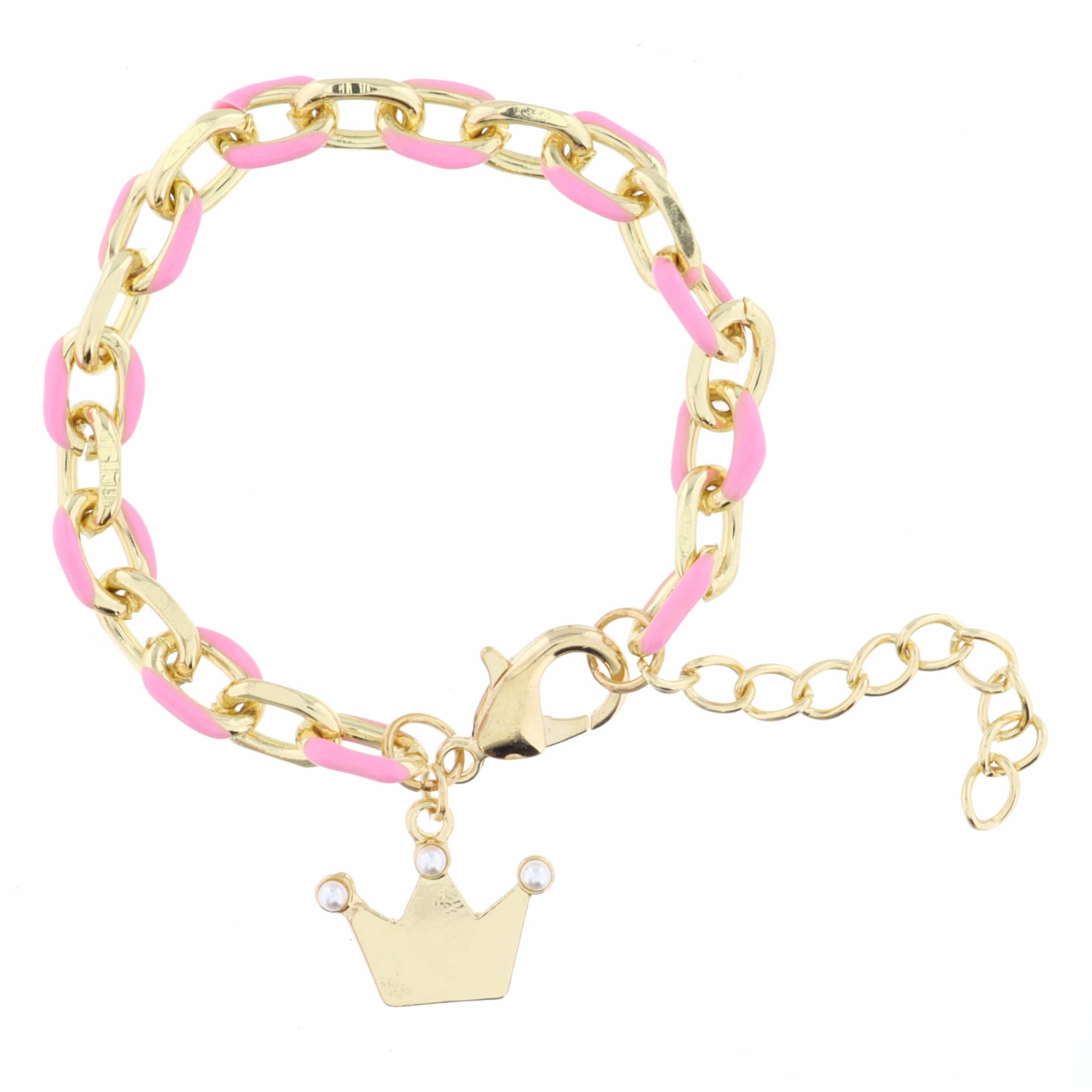 Kids Pink Enamel Chain and Gold Crown with Mini Pearl Points Bracelet