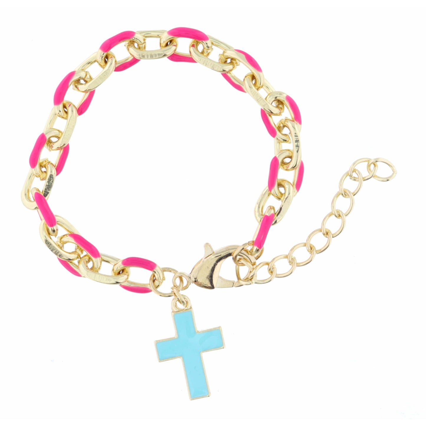 Kids Hot Pink Enamel Chain and Mint Enamel Cross Bracelet