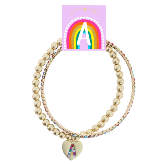 Kids Set of 2, Multi Crystal and Beaded Stretch Bracelets with Multi Crystal "A" on Heart Bracelets