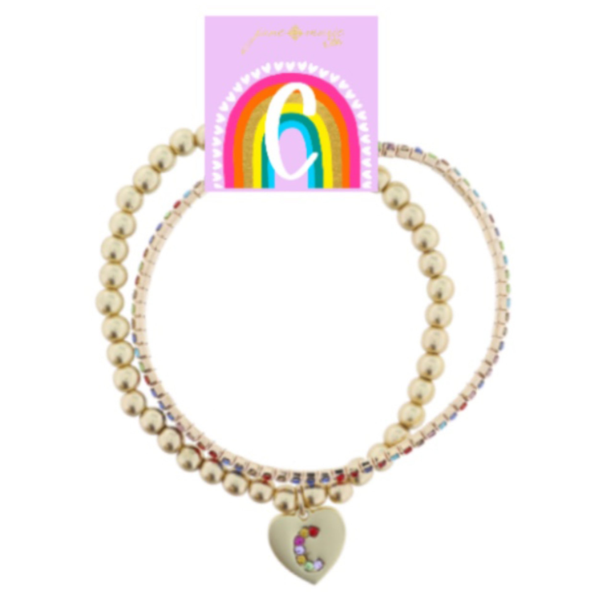 Kids Set of 2, Multi Crystal and Beaded Stretch Bracelets with Multi Crystal "C" on Heart Bracelets