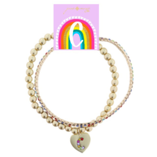 Kids Set of 2, Multi Crystal and Beaded Stretch Bracelets with Multi Crystal "C" on Heart Bracelets