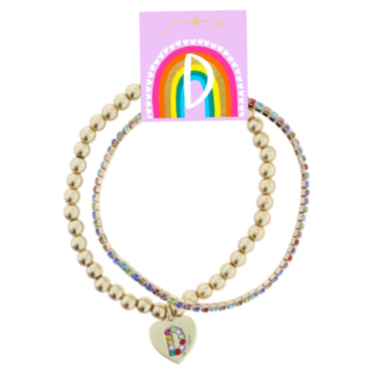 Kids Set of 2, Multi Crystal and Beaded Stretch Bracelets with Multi Crystal "D" on Heart Bracelets