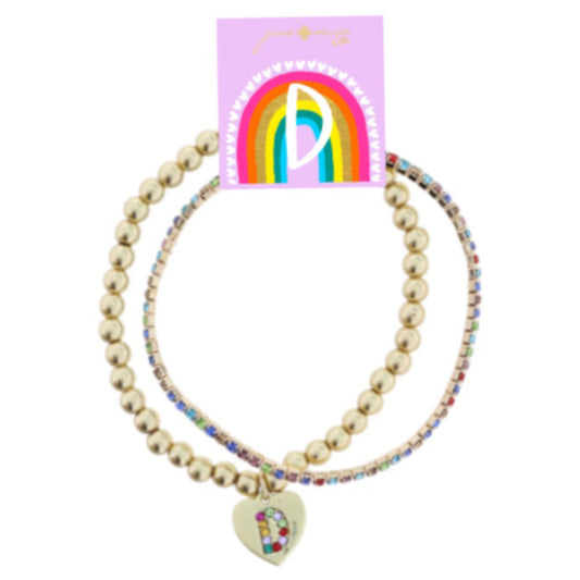 Kids Set of 2, Multi Crystal and Beaded Stretch Bracelets with Multi Crystal "D" on Heart Bracelets