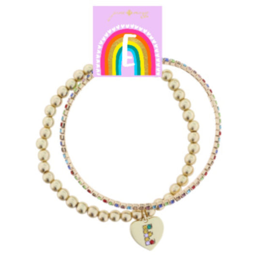 Kids Set of 2, Multi Crystal and Gold Beaded Stretch Bracelets with Crystal "E" on Heart Bracelets