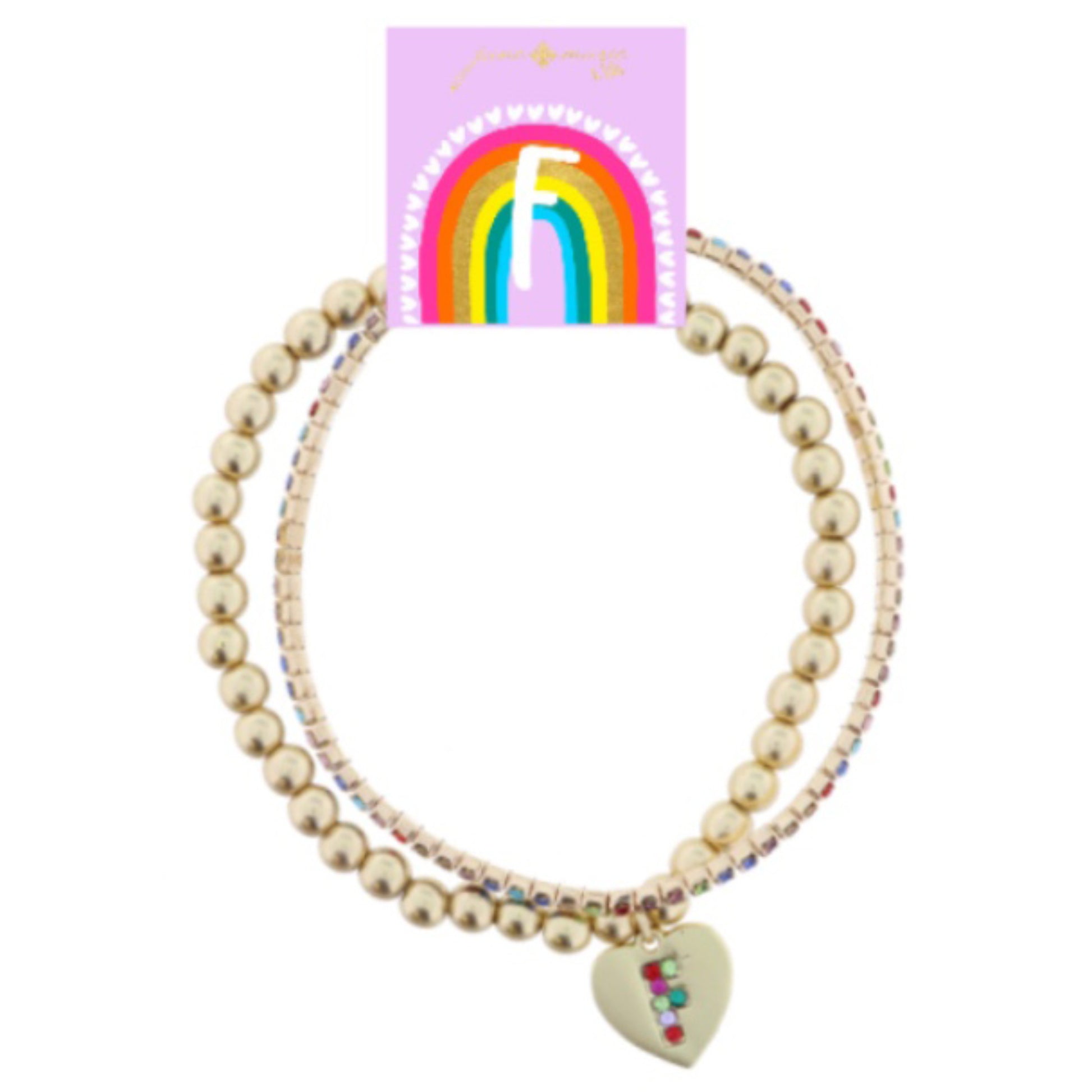 Kids Set of 2, Multi Crystal and Beaded Stretch Bracelets with Multi Crystal "F" on Heart Bracelets