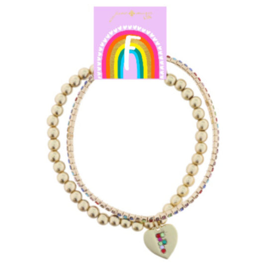 Kids Set of 2, Multi Crystal and Beaded Stretch Bracelets with Multi Crystal "F" on Heart Bracelets