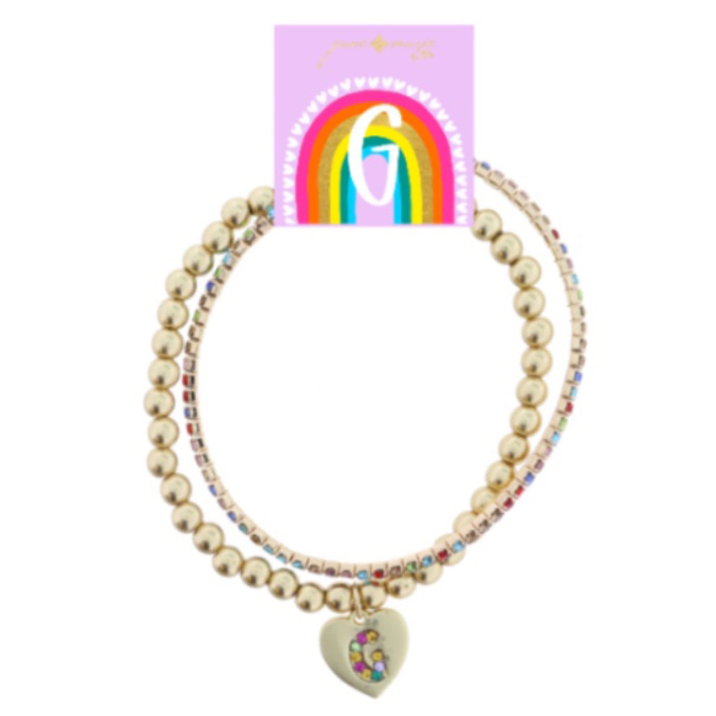 Kids Set of 2, Multi Crystal and Beaded Stretch Bracelets with Multi Crystal "G" on Heart Bracelets