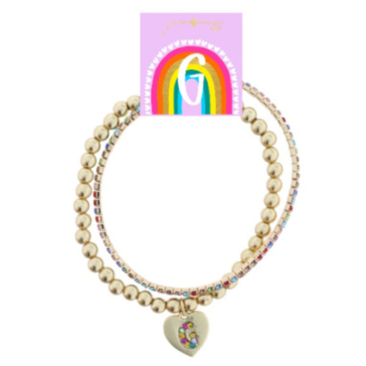Kids Set of 2, Multi Crystal and Beaded Stretch Bracelets with Multi Crystal "G" on Heart Bracelets