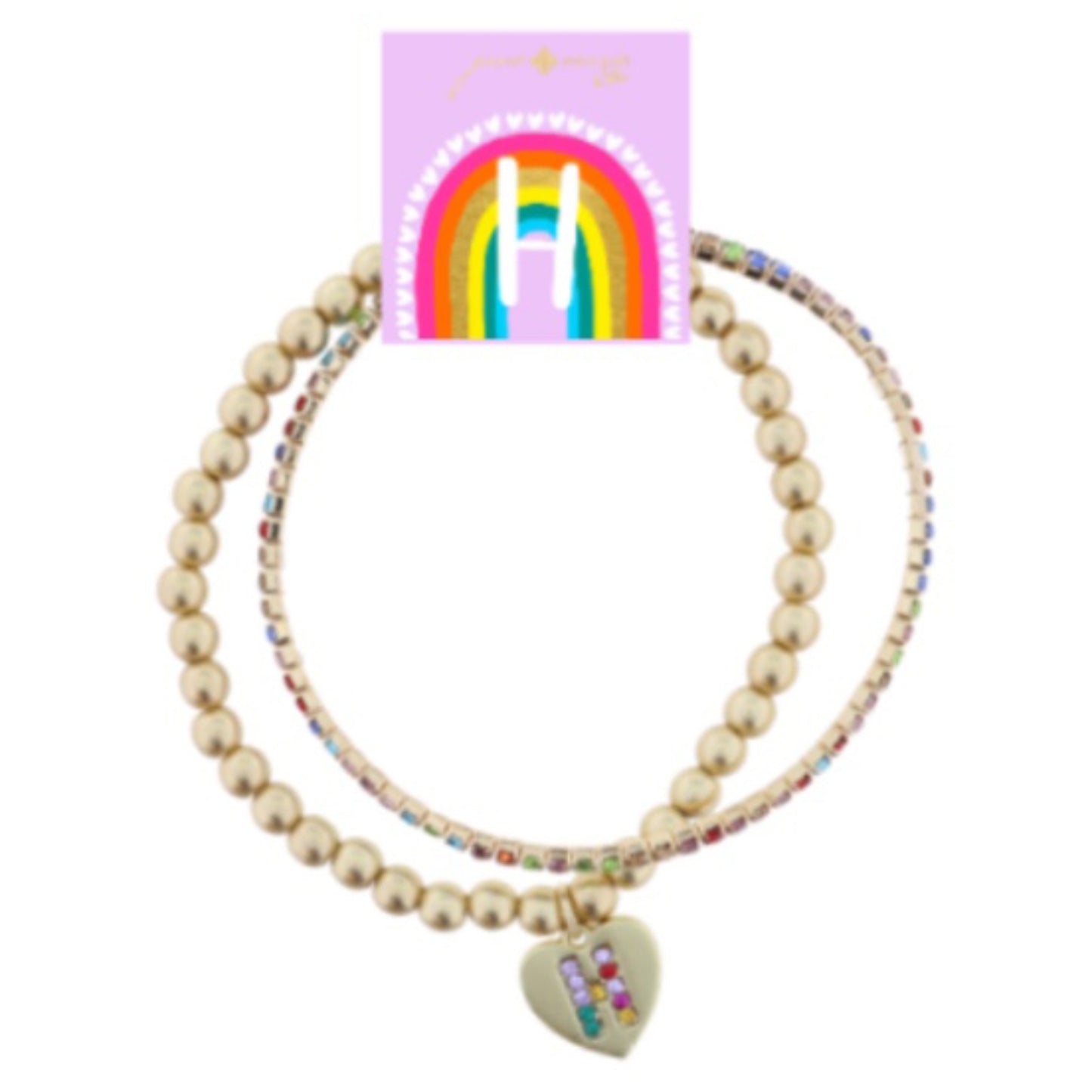 Kids Set of 2, Multi Crystal and Beaded Stretch Bracelets with Multi Crystal "H" on Heart Bracelets