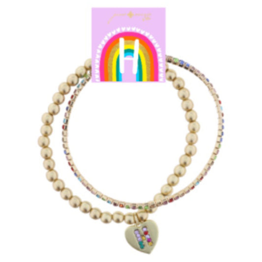 Kids Set of 2, Multi Crystal and Beaded Stretch Bracelets with Multi Crystal "H" on Heart Bracelets