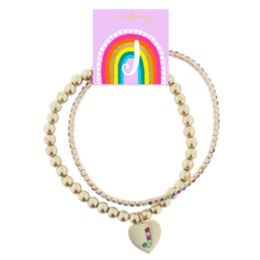 Kids Set of 2, Multi Crystal and Beaded Stretch Bracelets with Multi Crystal "J" on Heart Bracelets
