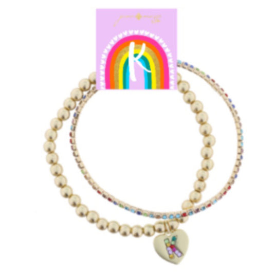 Kids Set of 2, Multi Crystal and Beaded Stretch Bracelets with Multi Crystal "K" on Heart Bracelets