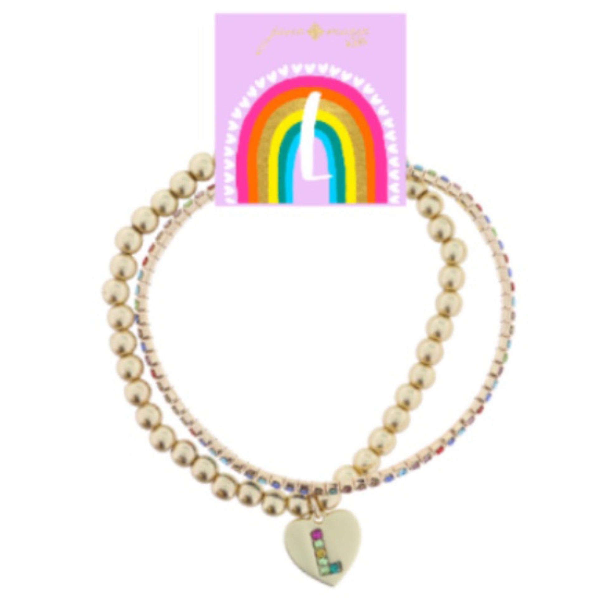 Kids Set of 2, Multi Crystal and Beaded Stretch Bracelets with Multi Crystal "L" on Heart Bracelets