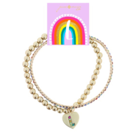Kids Set of 2, Multi Crystal and Beaded Stretch Bracelets with Multi Crystal "L" on Heart Bracelets