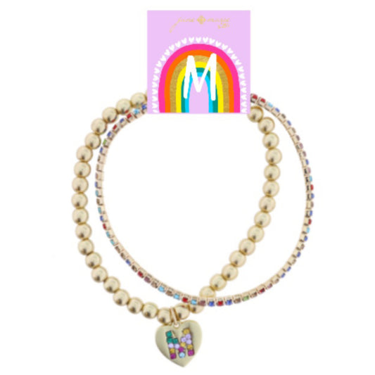Kids Set of 2, Multi Crystal and Beaded Stretch Bracelets with Multi Crystal "M" on Heart Bracelets