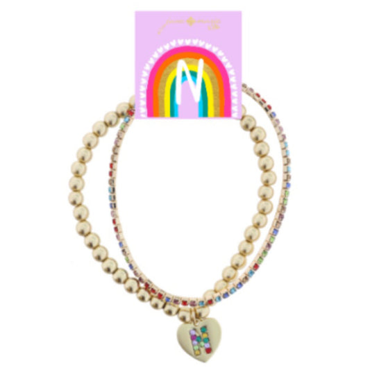Kids Set of 2, Multi Crystal and Beaded Stretch Bracelets with Multi Crystal "N" on Heart Bracelets