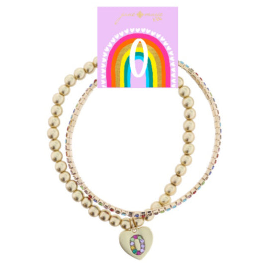 Kids Set of 2, Multi Crystal and Beaded Stretch Bracelets with Multi Crystal "O" on Heart Bracelets