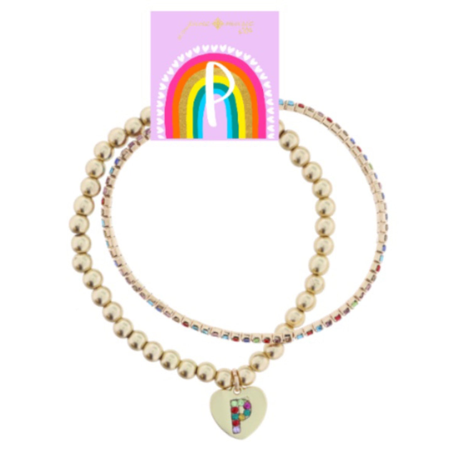 Kids Set of 2, Multi Crystal and Beaded Stretch Bracelets with Multi Crystal "P" on Heart Bracelets