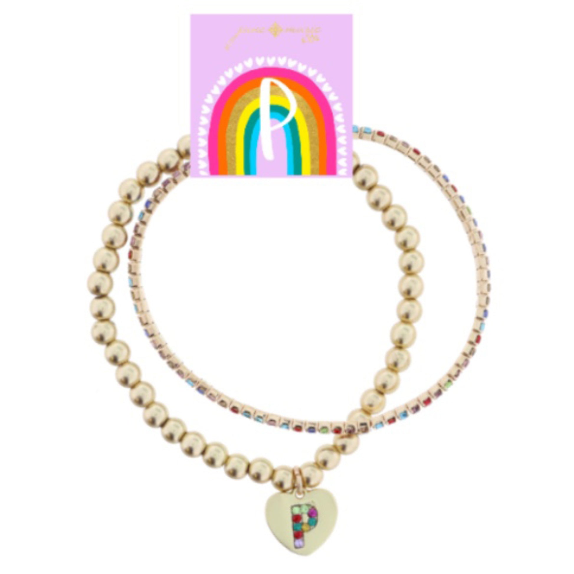 Kids Set of 2, Multi Crystal and Beaded Stretch Bracelets with Multi Crystal "P" on Heart Bracelets
