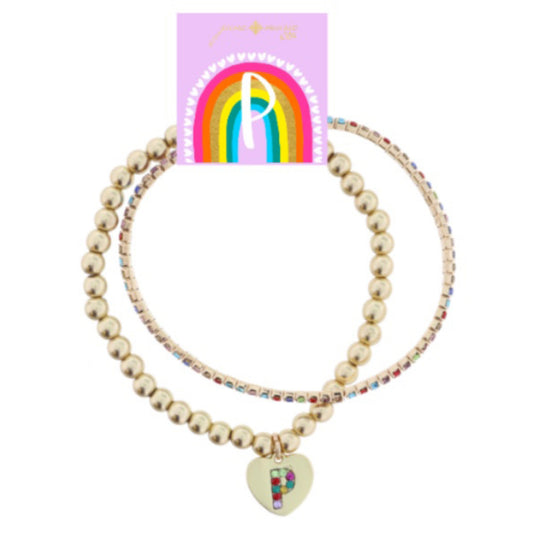 Kids Set of 2, Multi Crystal and Beaded Stretch Bracelets with Multi Crystal "P" on Heart Bracelets