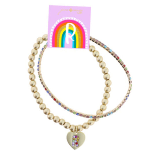 Kids Set of 2, Multi Crystal and Beaded Stretch Bracelets with Multi Crystal "R" on Heart Bracelets