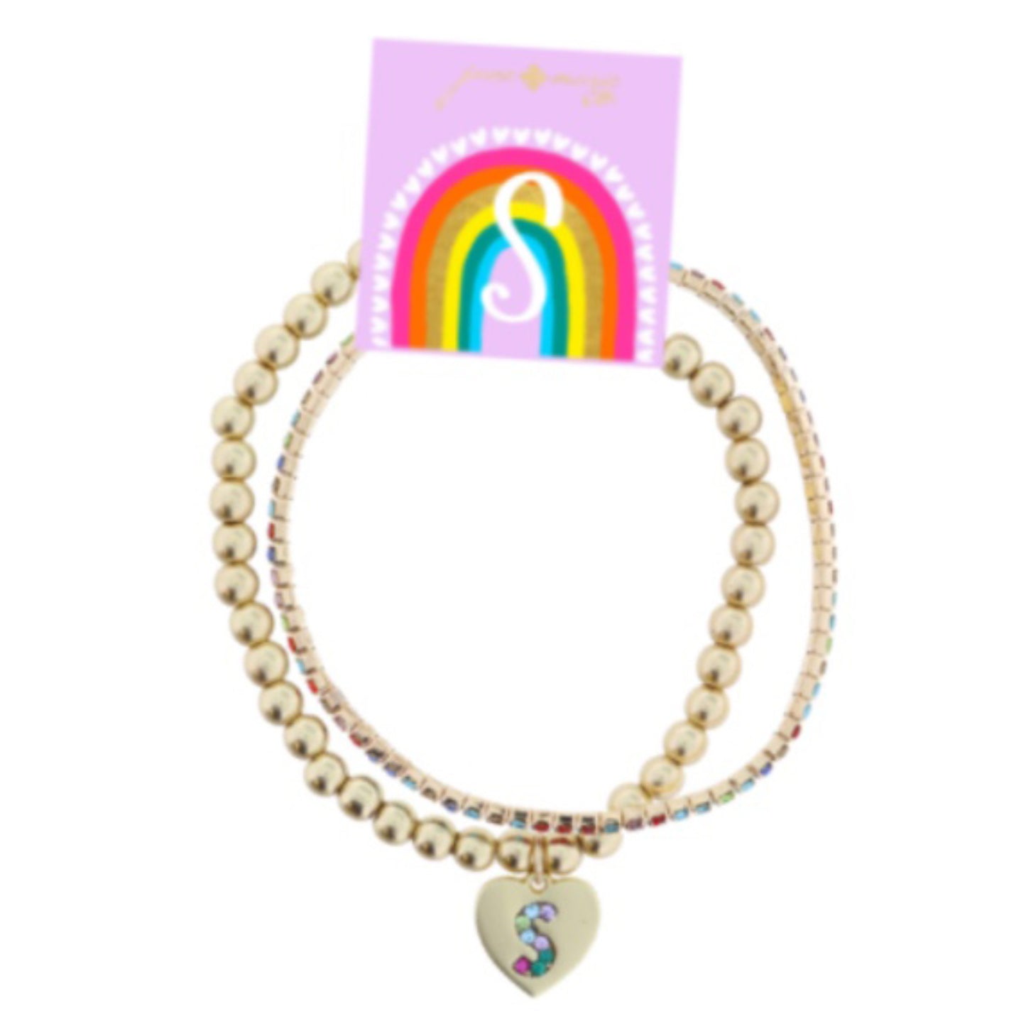 Kids Set of 2, Multi Crystal and Beaded Stretch Bracelets with Multi Crystal "S" on Heart Bracelets
