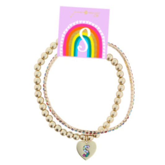 Kids Set of 2, Multi Crystal and Beaded Stretch Bracelets with Multi Crystal "S" on Heart Bracelets