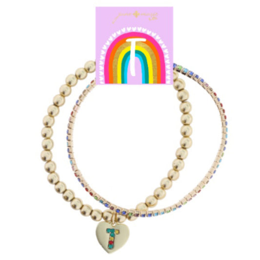 Kids Set of 2, Multi Crystal and Beaded Stretch Bracelets with Multi Crystal "T" on Heart Bracelets
