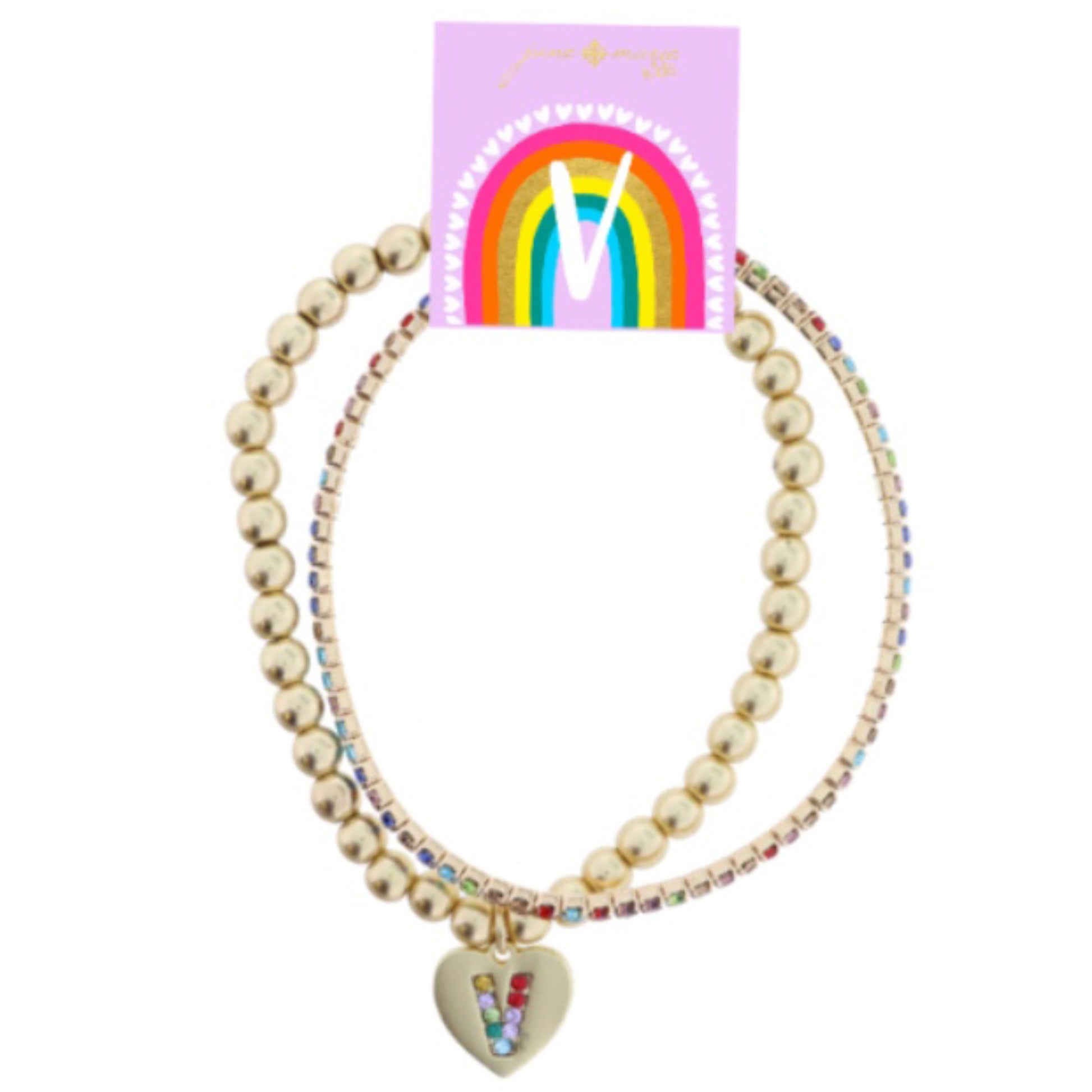 Kids Set of 2, Multi Crystal and Beaded Stretch Bracelets with Multi Crystal "V" on Heart Bracelets