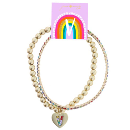 Kids Set of 2, Multi Crystal and Beaded Stretch Bracelets with Multi Crystal "V" on Heart Bracelets