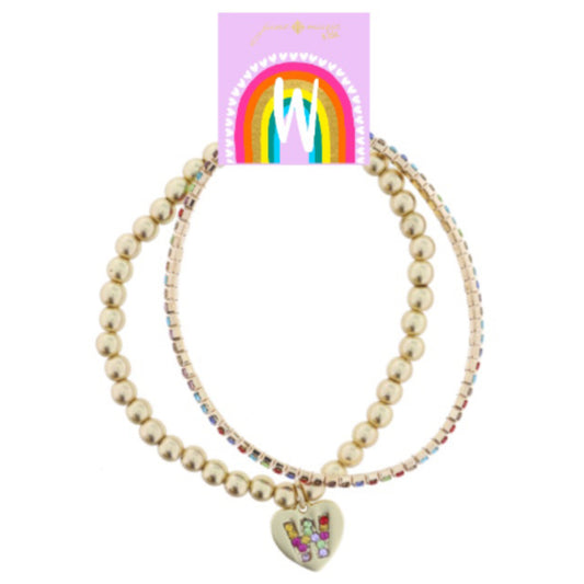 Kids Set of 2, Multi Crystal and Beaded Stretch Bracelets with Multi Crystal "W" on Heart Bracelets