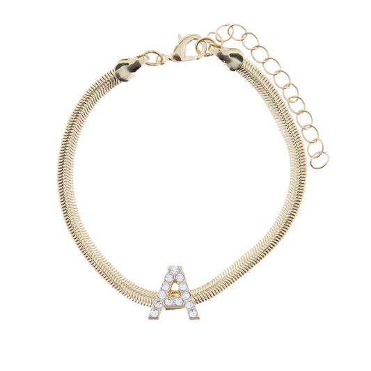 Shiny Gold Snake Chain with Clear Crystal "A" Station Bracelet