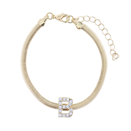 Shiny Gold Snake Chain with Clear Crystal "B" Station Bracelet