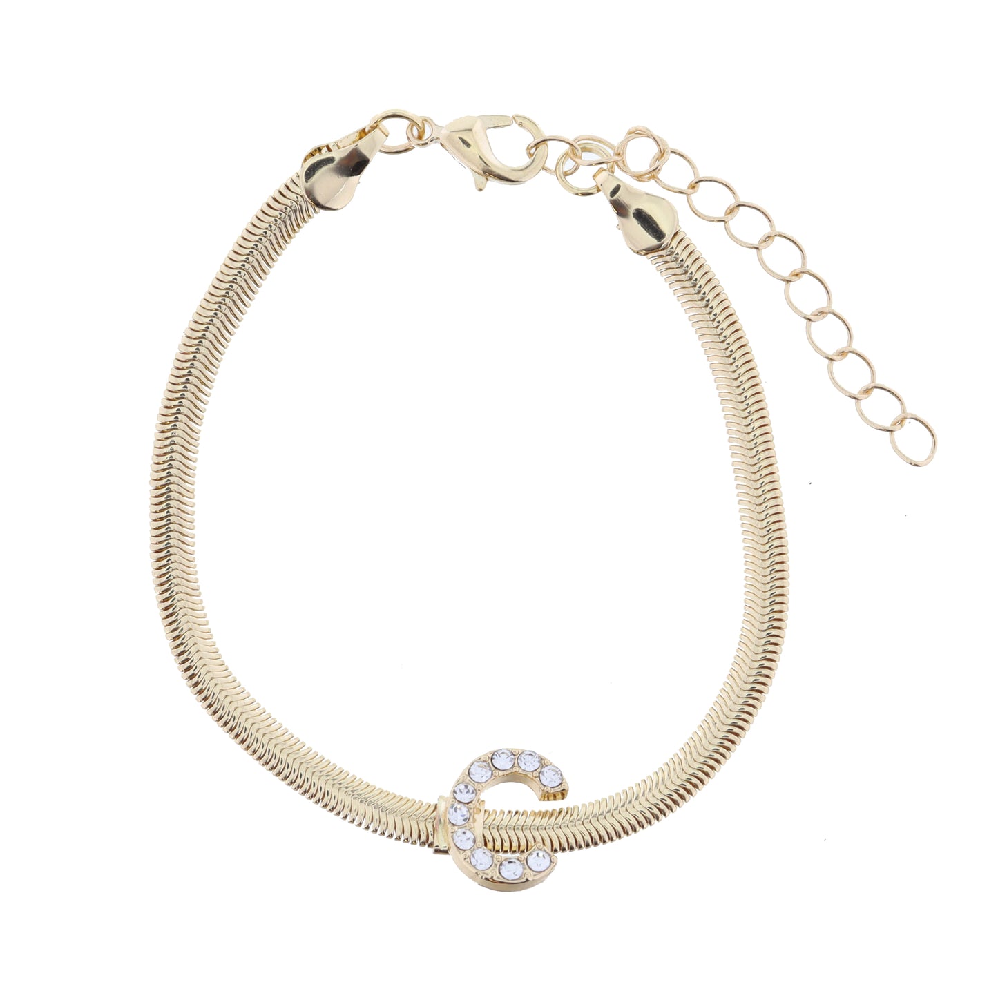 Shiny Gold Snake Chain with Clear Crystal "C" Station Bracelet