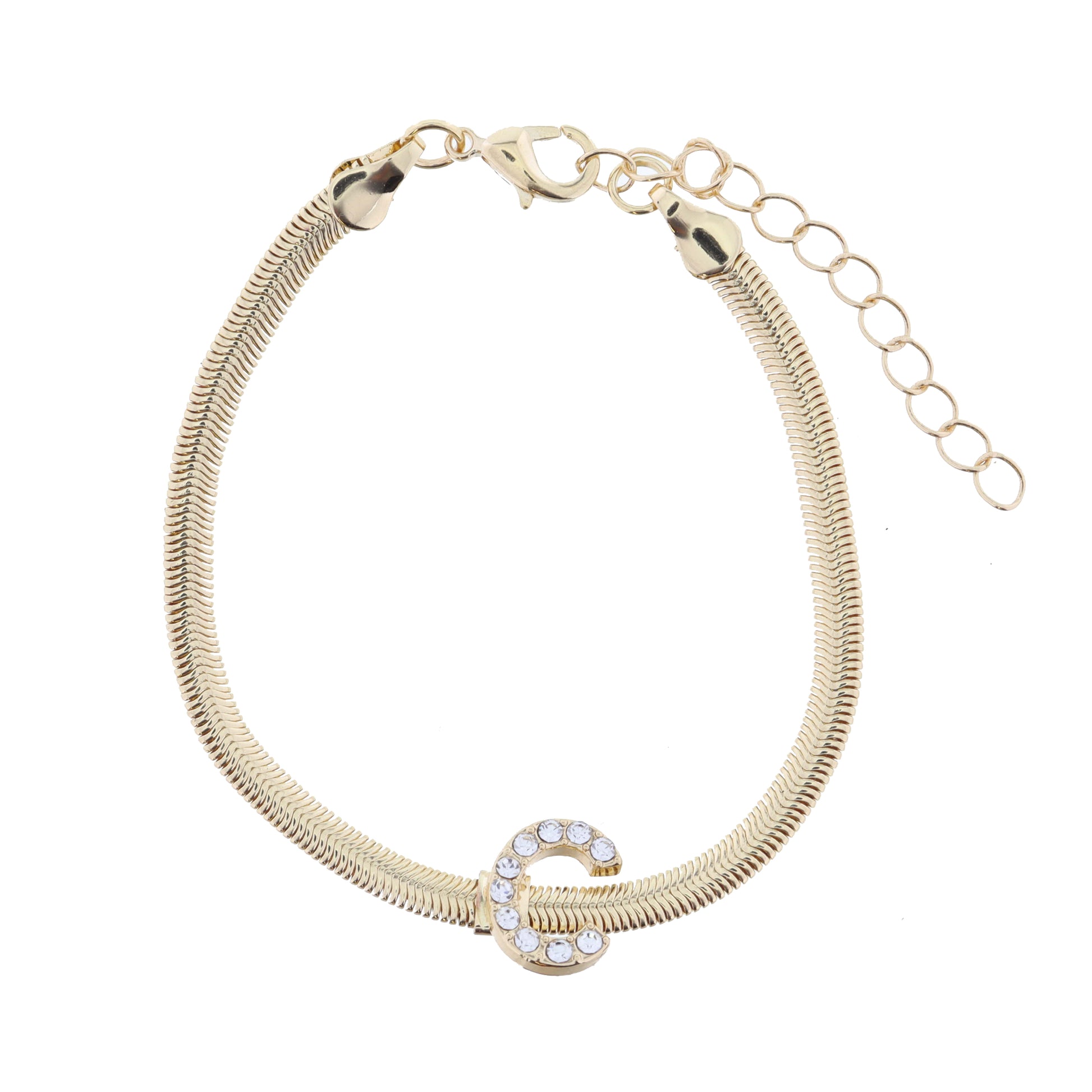 Shiny Gold Snake Chain with Clear Crystal "C" Station Bracelet