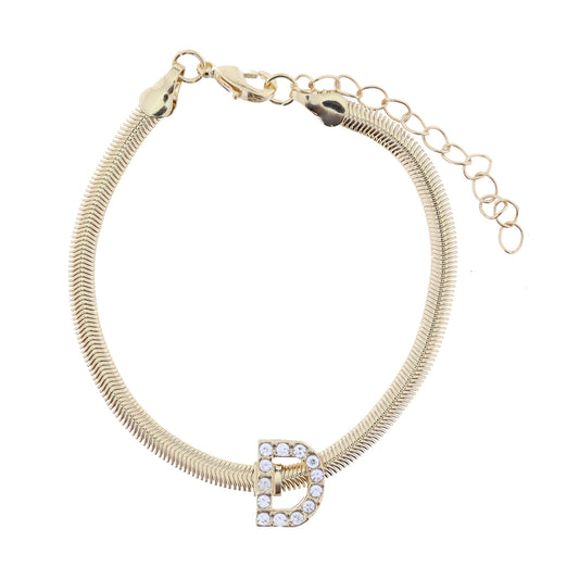 Shiny Gold Snake Chain with Clear Crystal "D" Station Bracelet