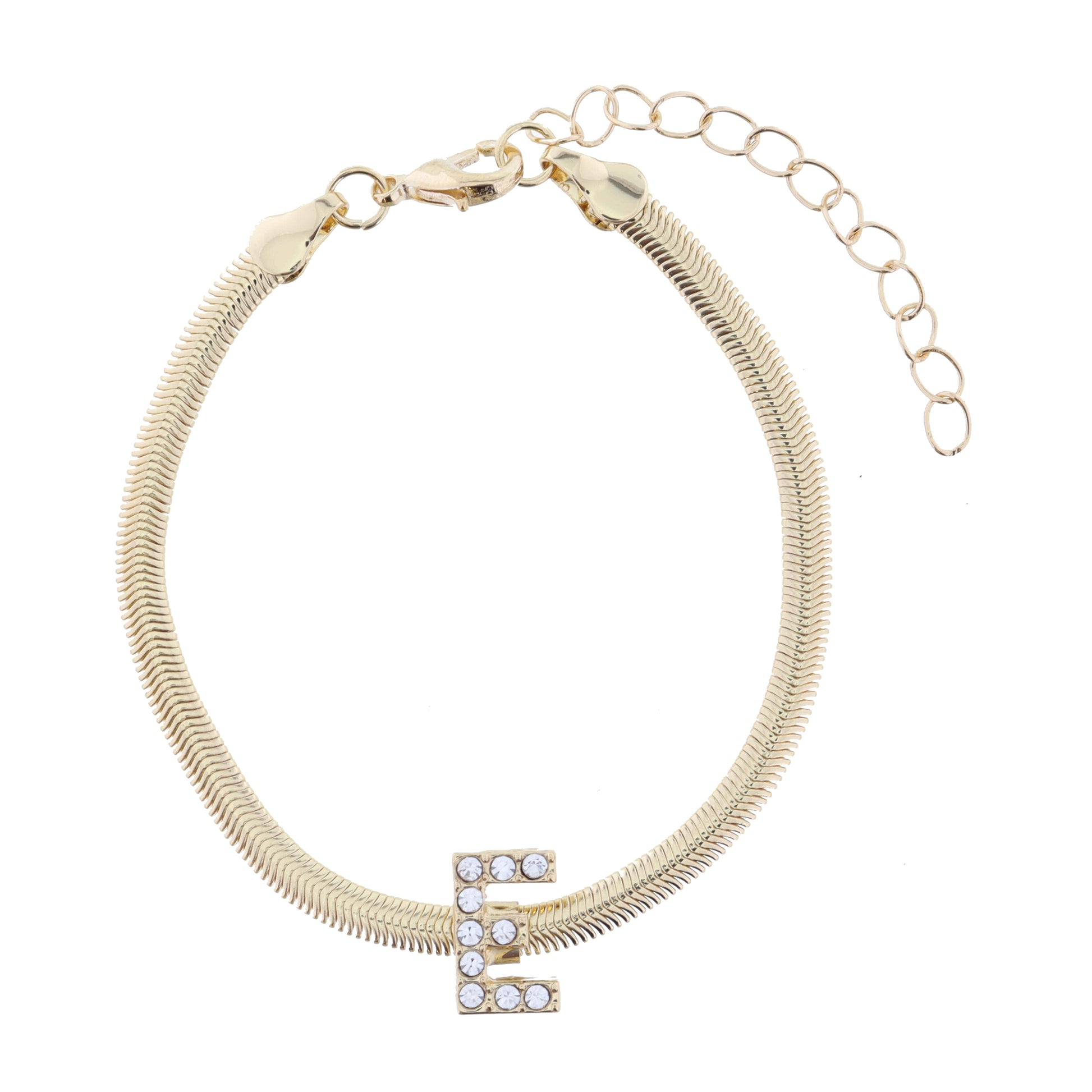 Shiny Gold Snake Chain with Clear Crystal "E" Station Bracelet