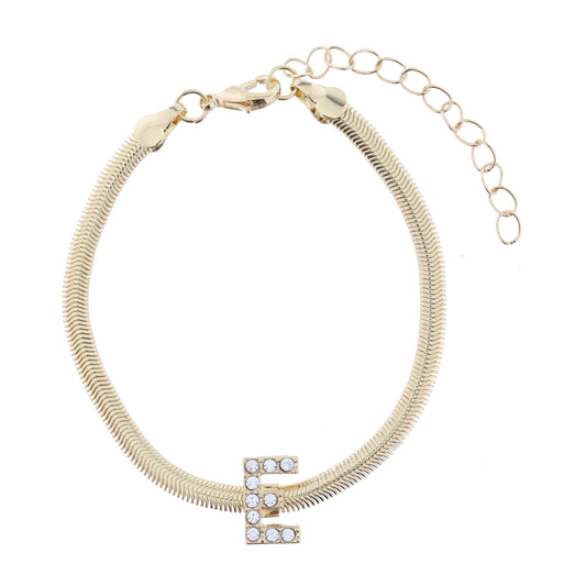 Shiny Gold Snake Chain with Clear Crystal "E" Station Bracelet